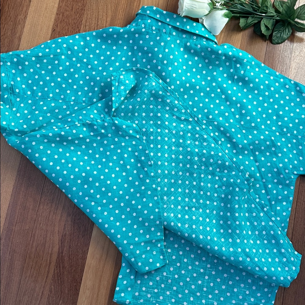 RACHEL Rachel Roy Turquoise Polka Dot Linen Shirt - Picture 7 of 8
